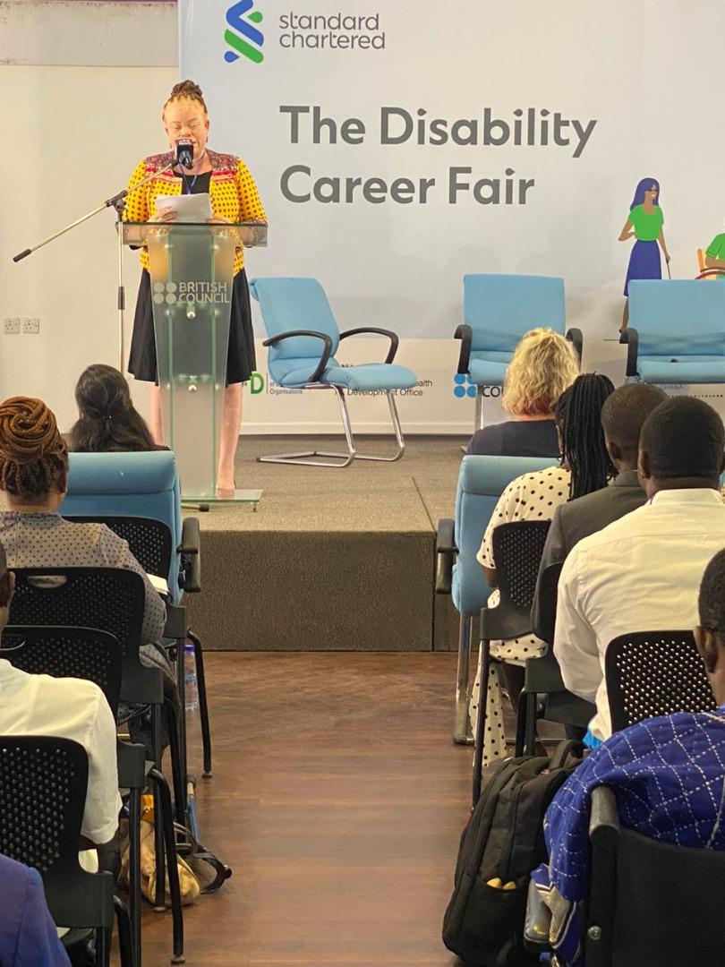 Delivering opening remarks as President of the Ghana Federation of Disability Organisations during a career fair